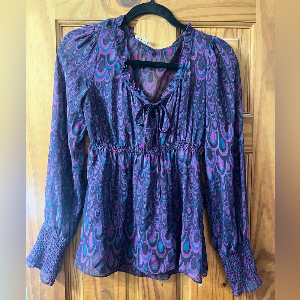 Nanette Lepore peacock feather SILK peasant blouse top purple sz 2 generous EUC